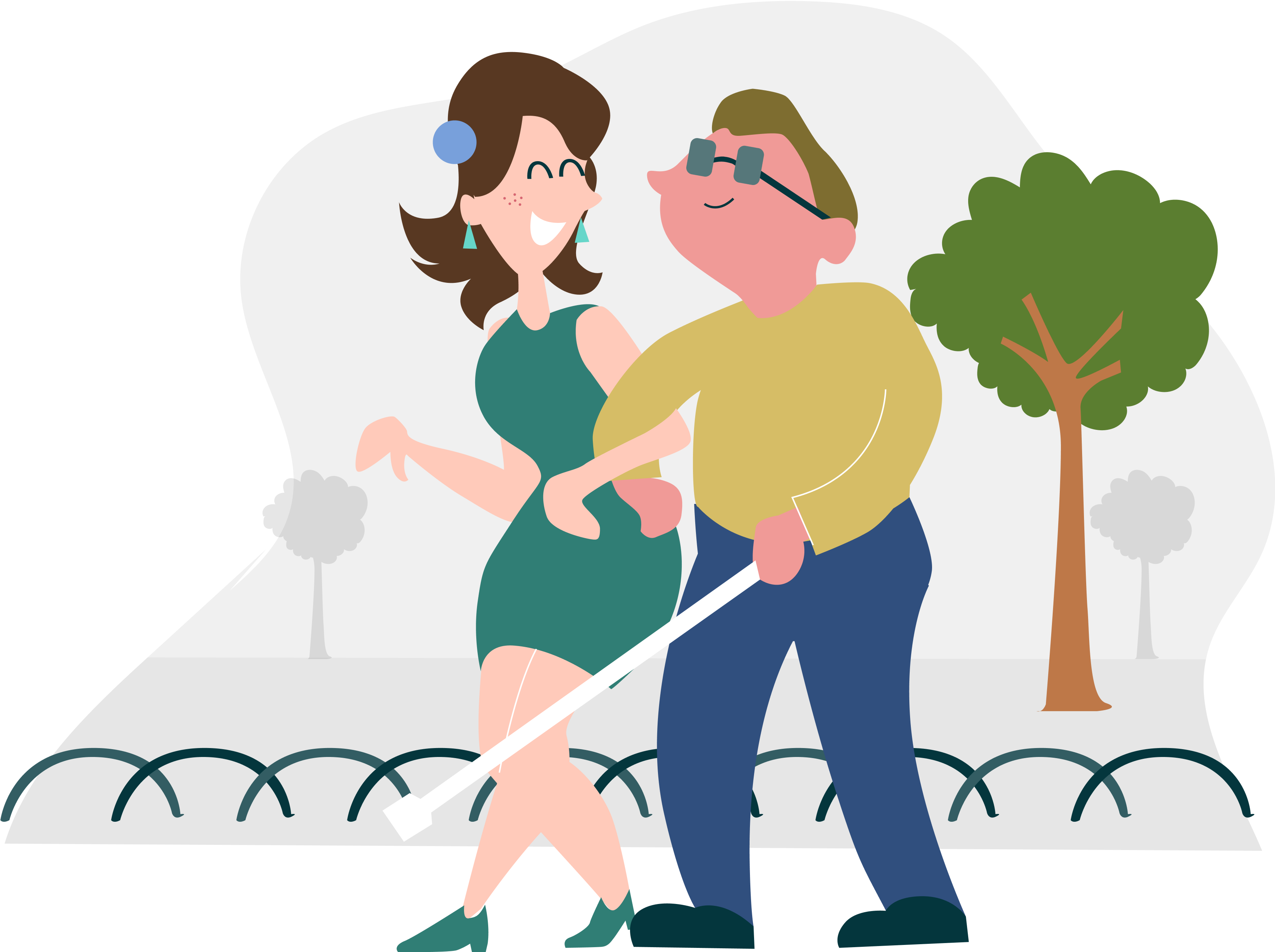 Illustration Helpper d’un helpper marchant bras dessus bras dessous avec un aveugle dans un parc