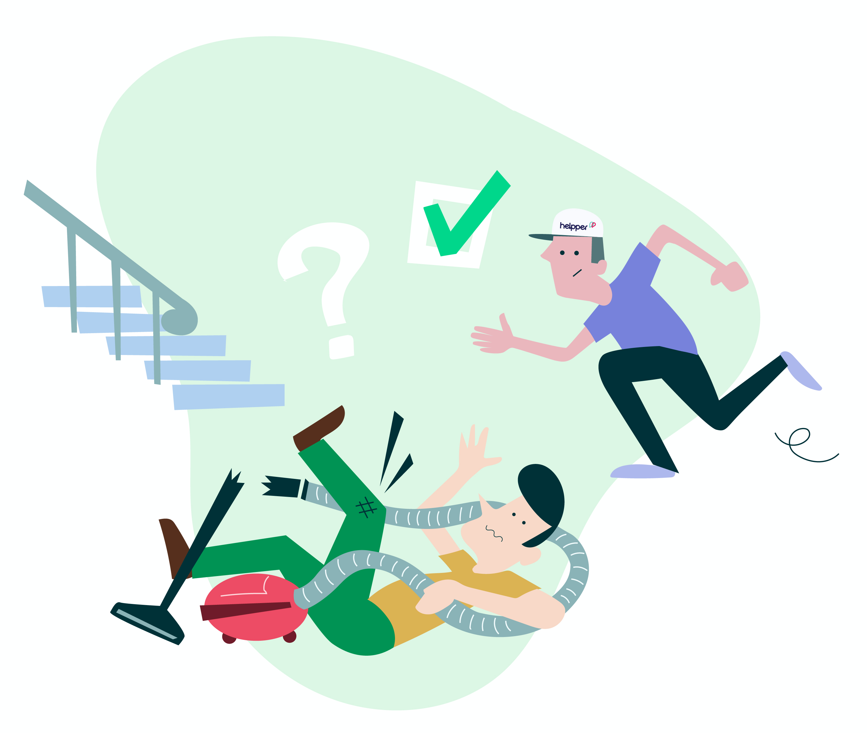 illustration Helpper d’une personne qui tombe de l’escalier avec un aspirateur et d’un helpper qui va l’aider
