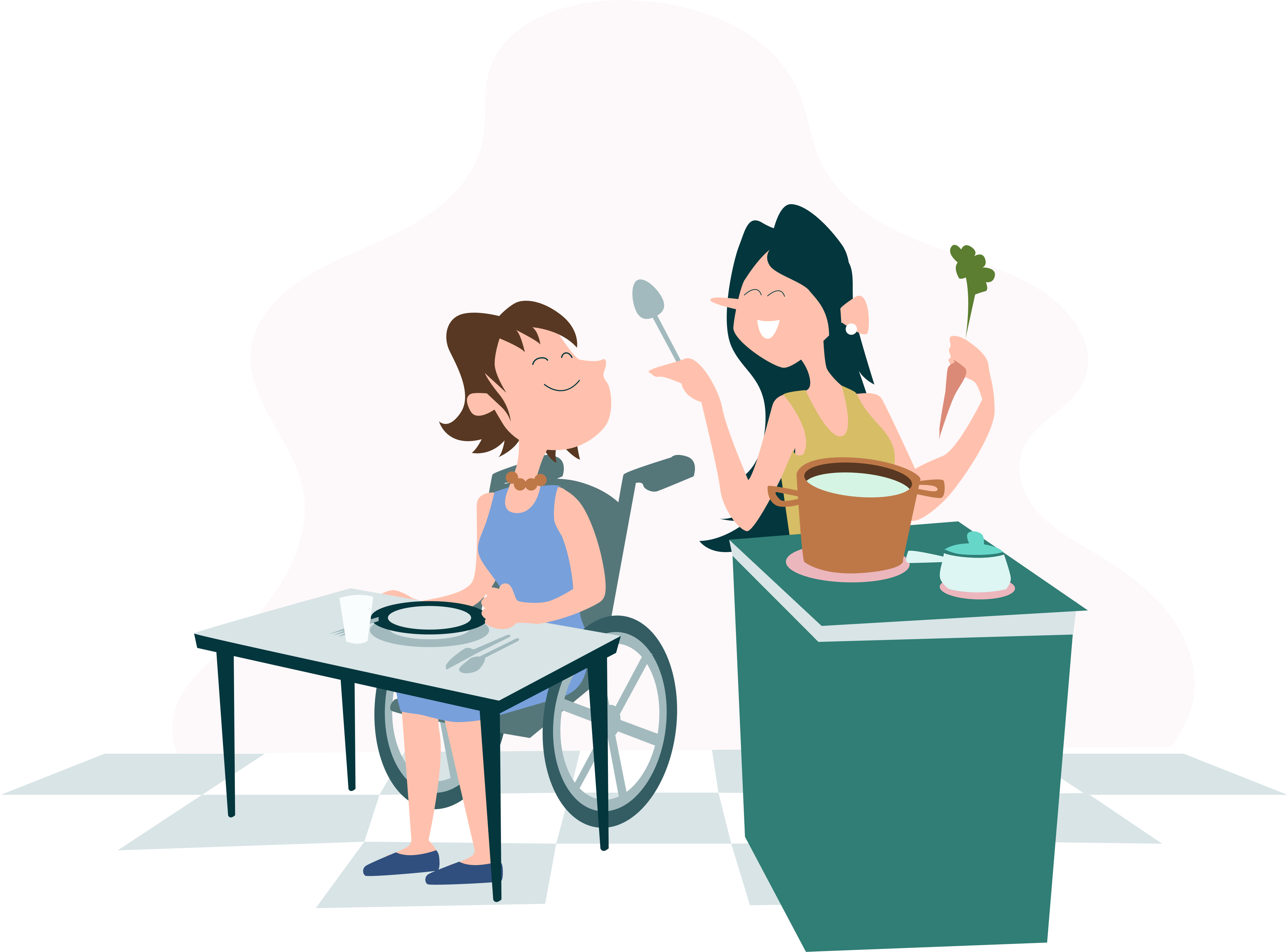illustration Helpper d'une femme faisant la cuisine pour une autre femme en fauteuil roulant